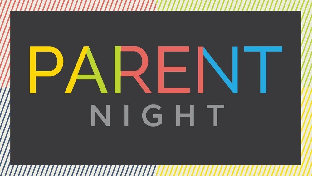 colorful text in a black box that says PARENT NIGHT