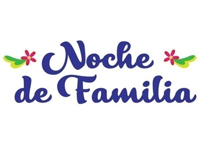 "Noche de Familia" in blue script with red and green flowers on either side