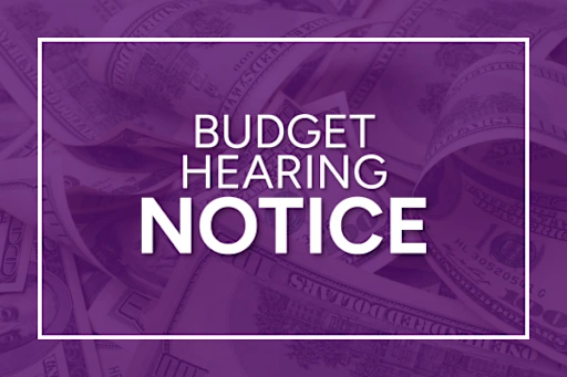 paper currency photo with a purple filter and the text "Budget Hearing Notice"