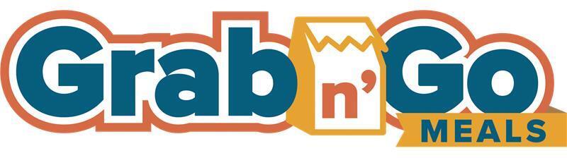 logo for Grab n Go Meals in orange and blue with paper lunch sack image