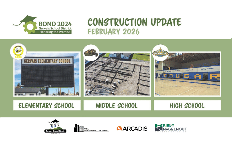 construction update graphic with images of progress for each school