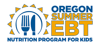 yellow and blue plate with knife and fork and the text "Oregon Summer EBT Nutrition Program for Kids"