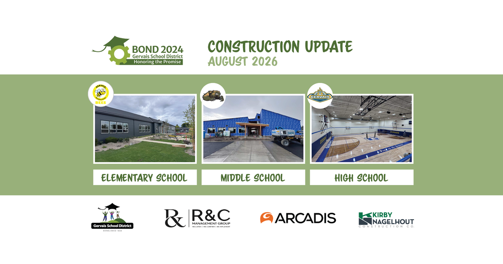 August 2026 Gervais Bond construction update with photos of the Elementary School exterior, Middle School under construction, and finished High School gym.