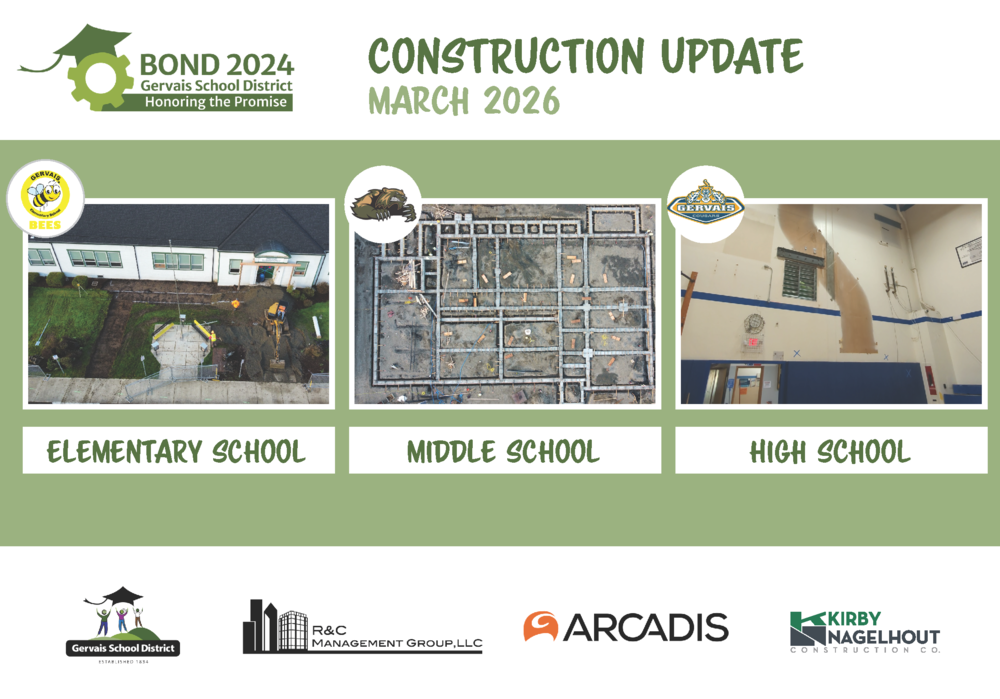 March construction update with one photo of pgoress for the three Gervais schools