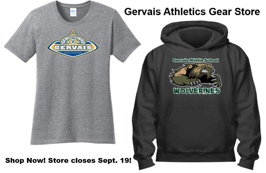 Gervais Athletics Gear Store  with pictures of a GHS t-shirt and GMS hoodie