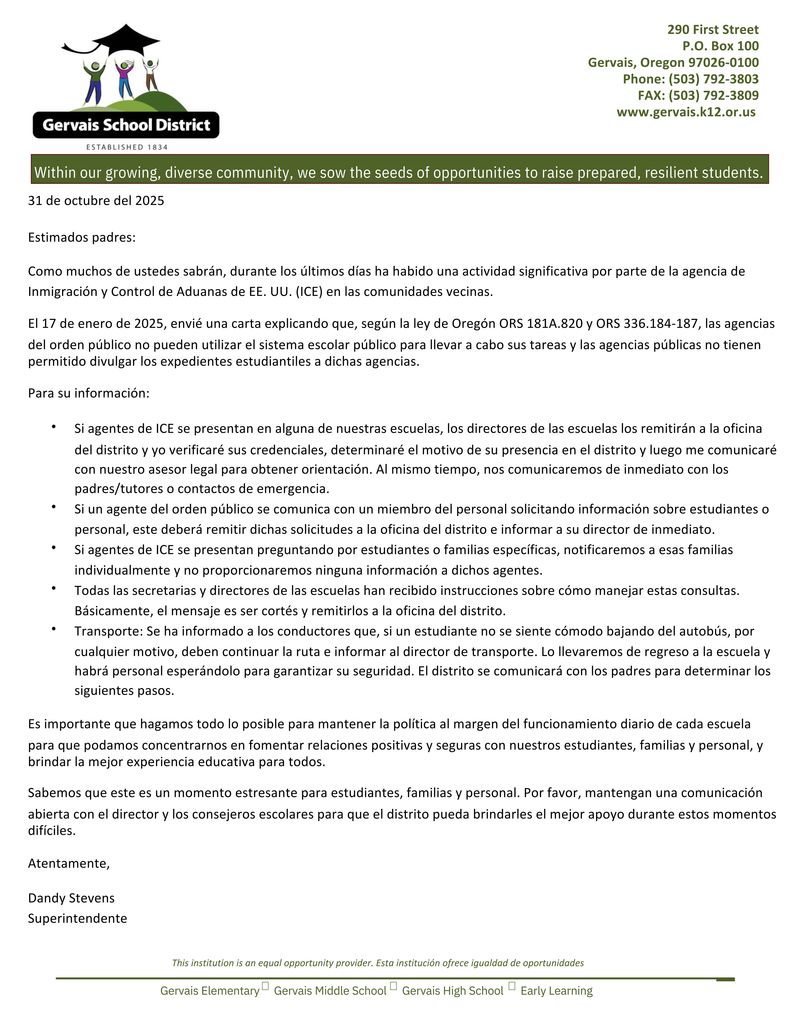 letter regarding ICE activity 10-31-25 - Spanish
