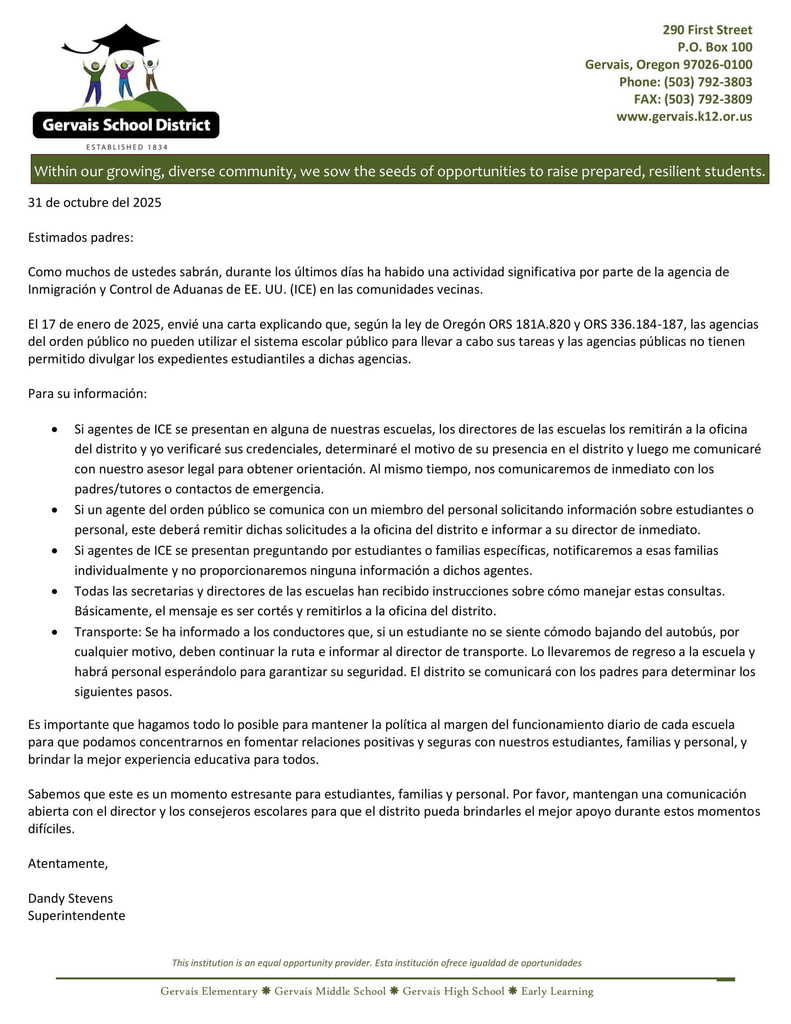 GSD Parent Letter- Re ICE (10.31.25)- Spanish