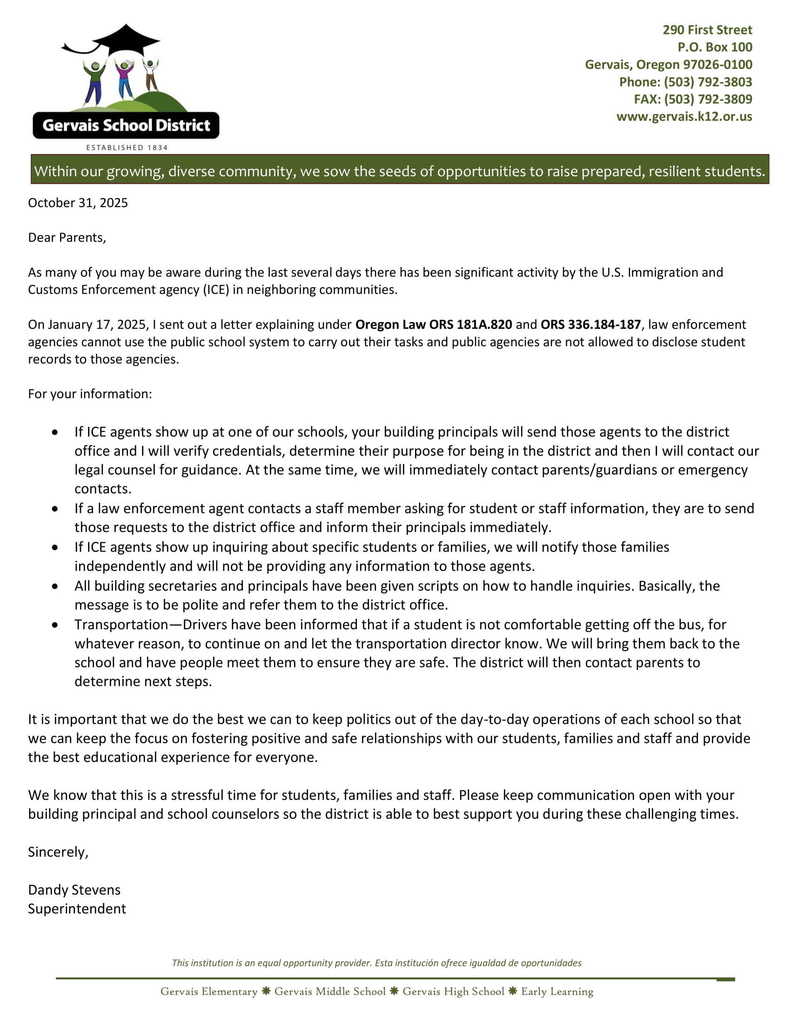 GSD Parent Letter- Re ICE (10.31.25)