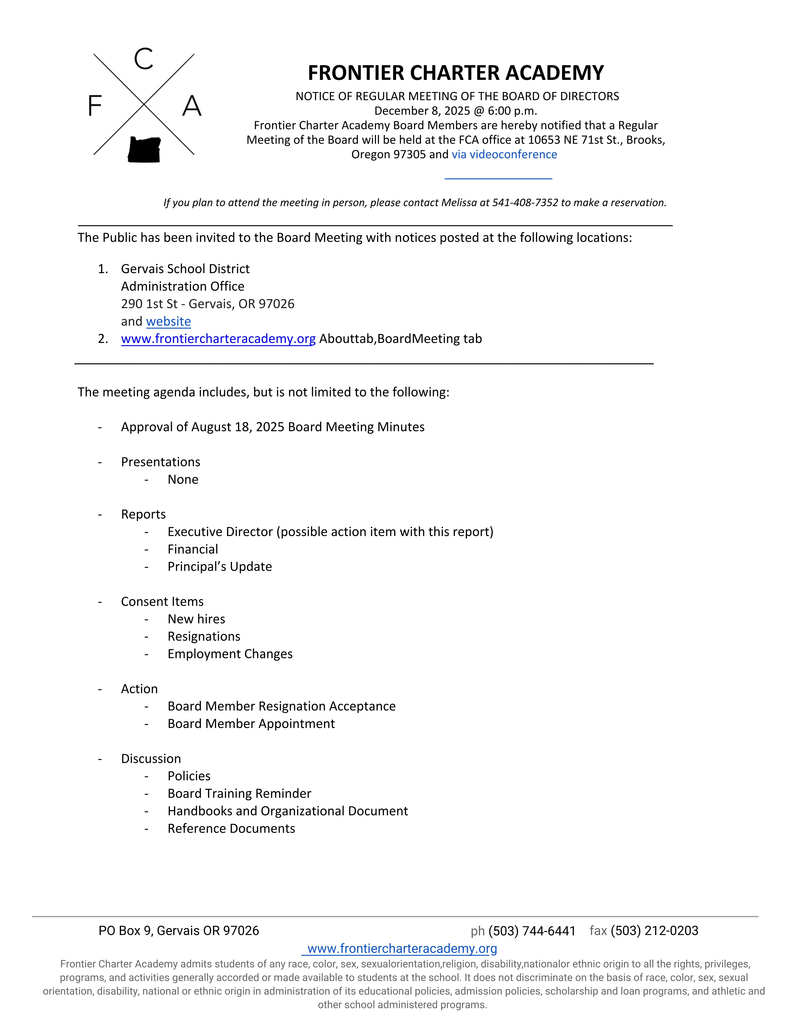 Notice of a Frontier Charter Academy Board Meeting on Dec. 8, 2025