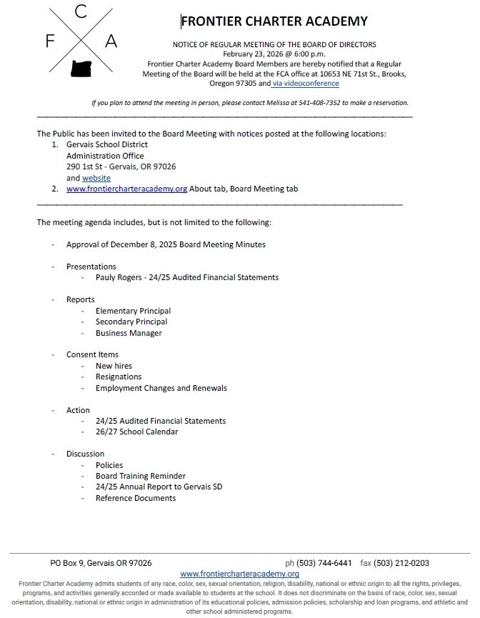 FCA Boaard Meeting Notice for Febrary 23, 2026 at 6:00 p.m.