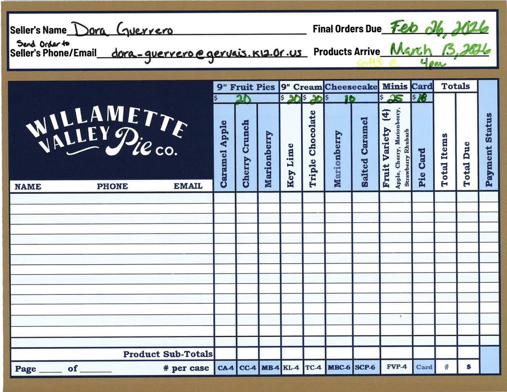 GHS Pie Fundraiser Order Sheet
