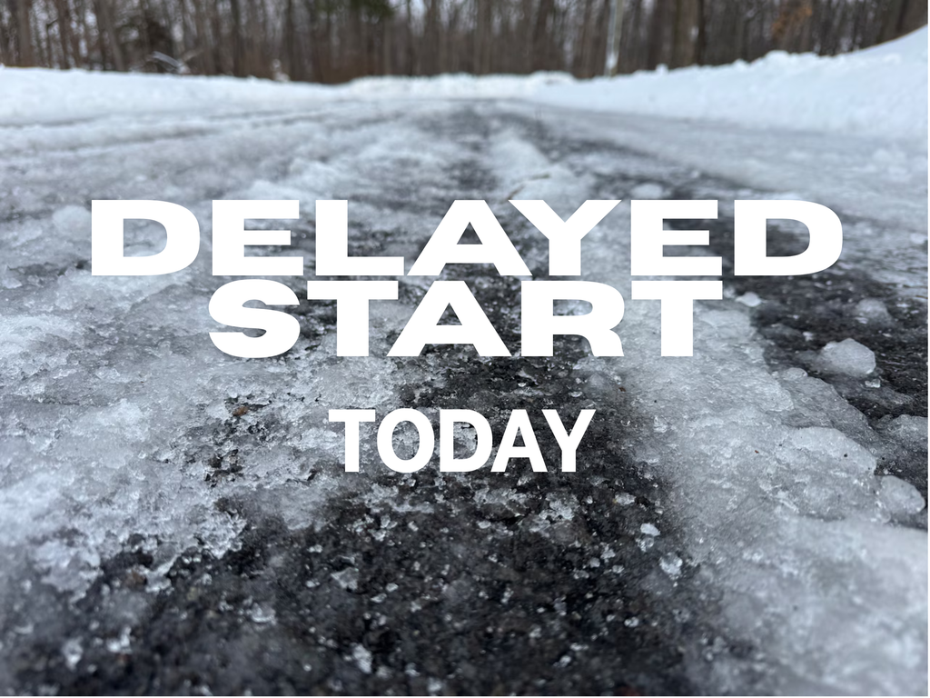 Icy road photo with text Delayed Start Today