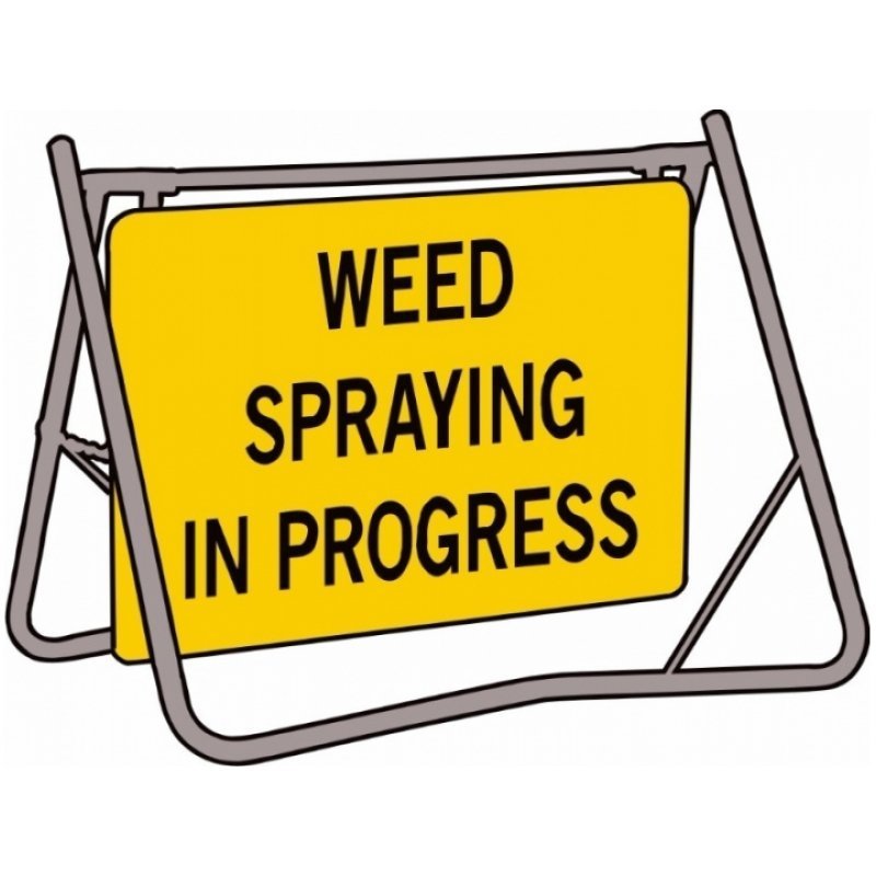 A yellow sidewalk sign that says "Weed Spraying in Progress"