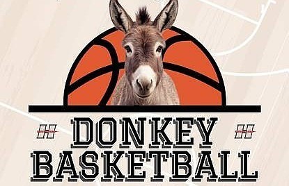 a photo of a donkey in front of a basketball backdrop with the words "Donkey Basketball" beneath