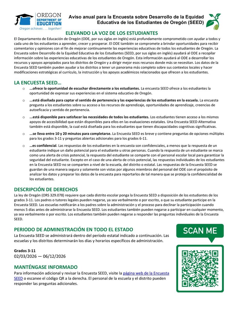 SEED Survey Parent Notice- Spanish