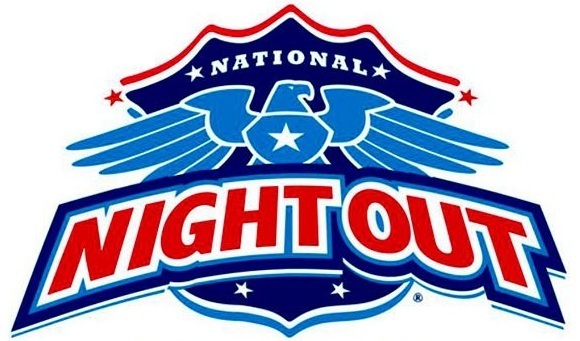 dark blue shield behind a light blue eagle with a white star on its chest and the the text "National Night Out"
