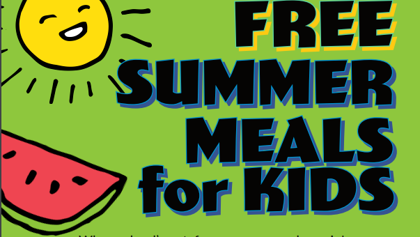 a childlike drawing of a smiling sun and a slice of watermlon on a green background with text "Free Summer Meals for Kids"