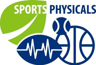 a blue and green graphic with a baseball, basketball, and football with an ECG pattern through it and the text "Sports Physicals"