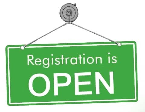 a green doorsign image that says "Registration is Open"