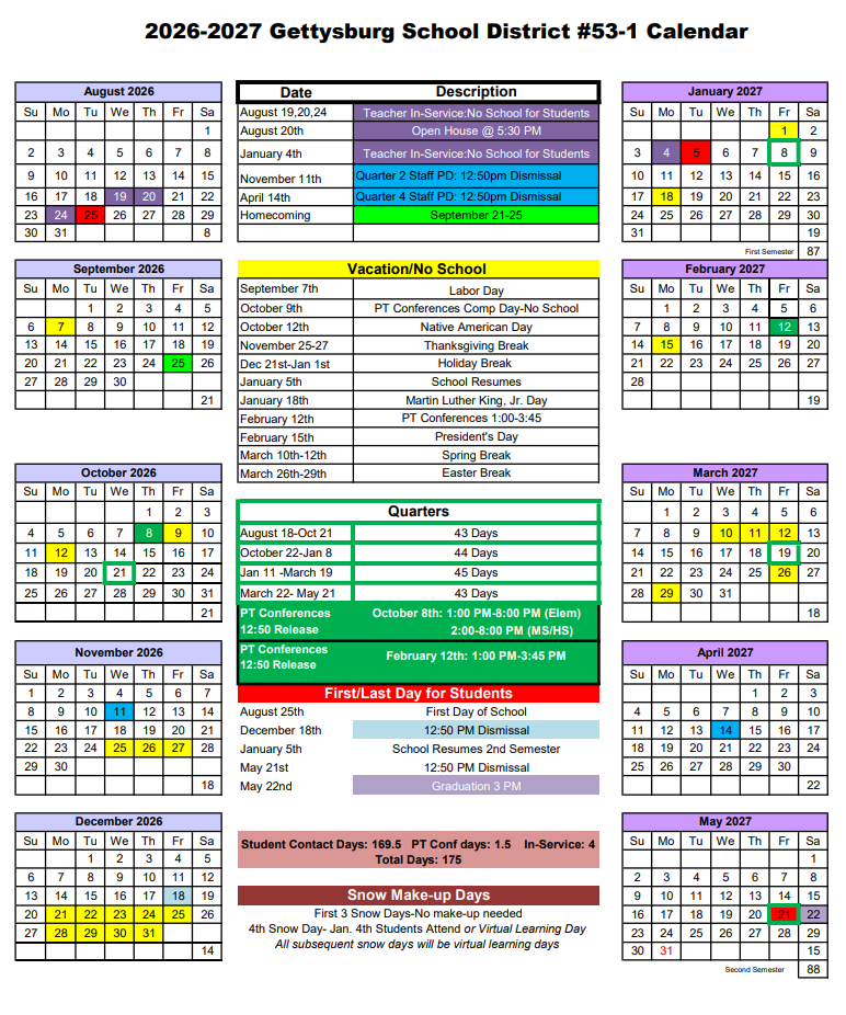 Gettysburg School District Calendar 2026-2027