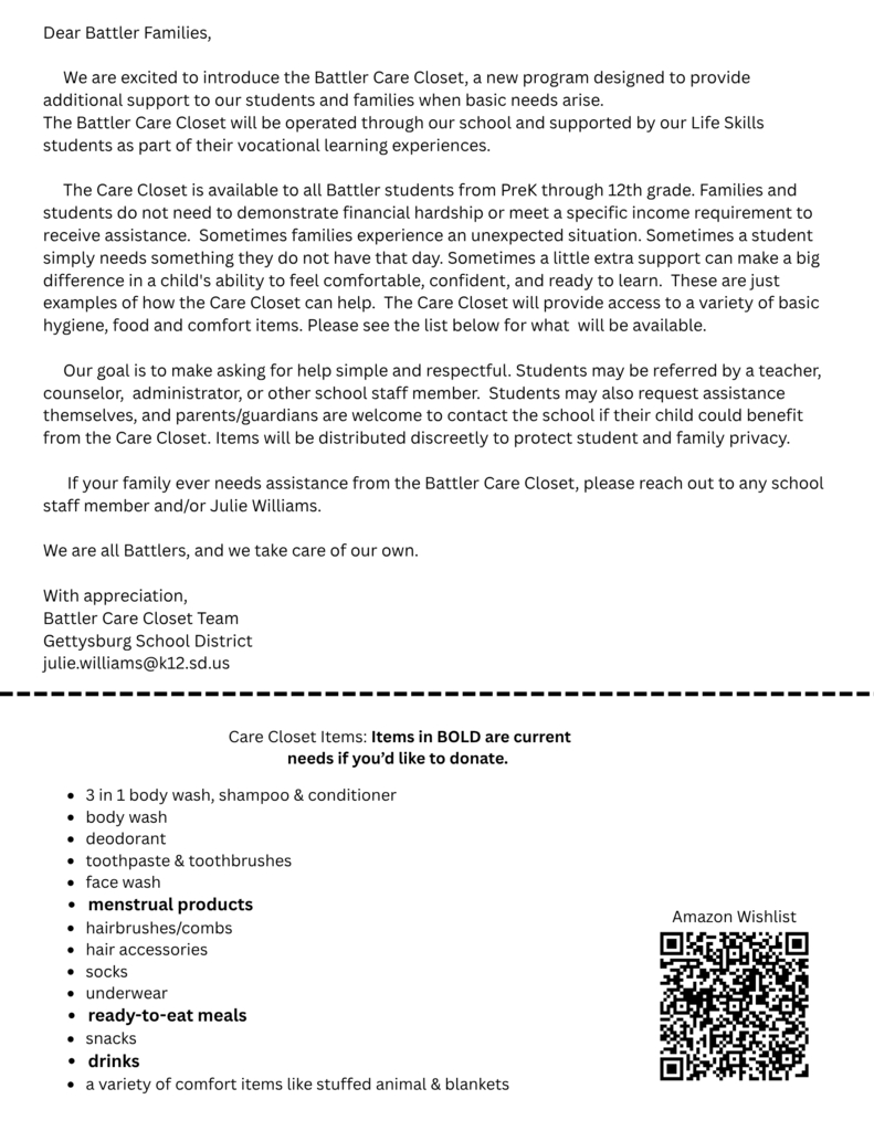 Care Closet letter