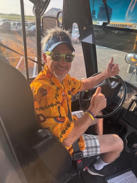 Bus driver in wacky clothes