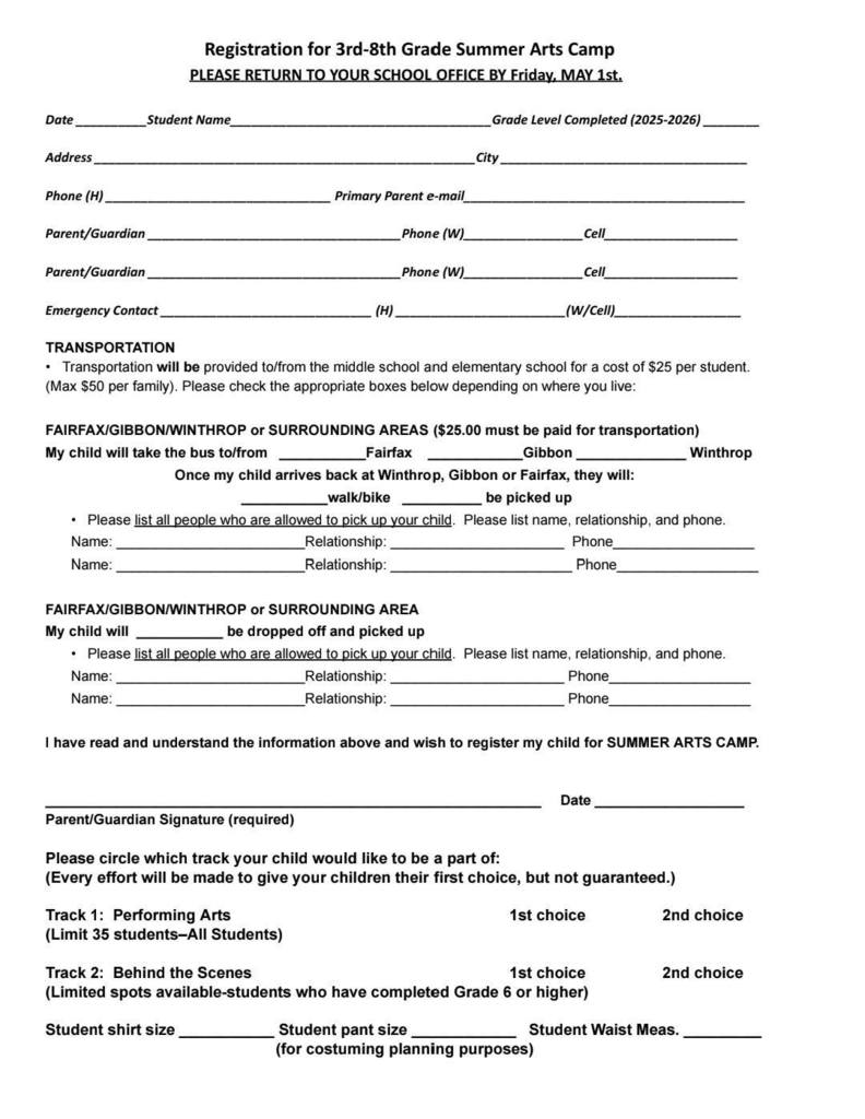 Summer arts camp registration form