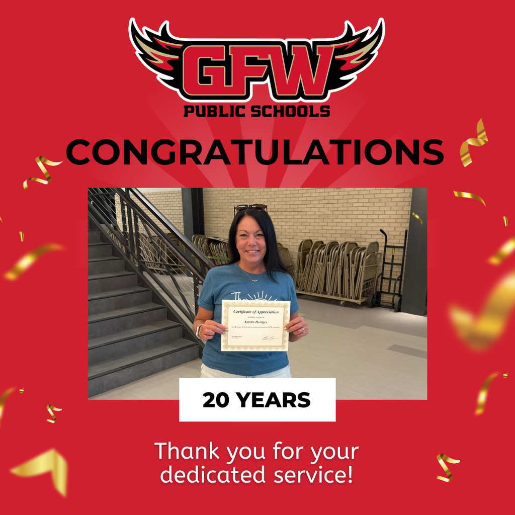 congratulations, 20 years, thank you for your dedicated service, gfw logo