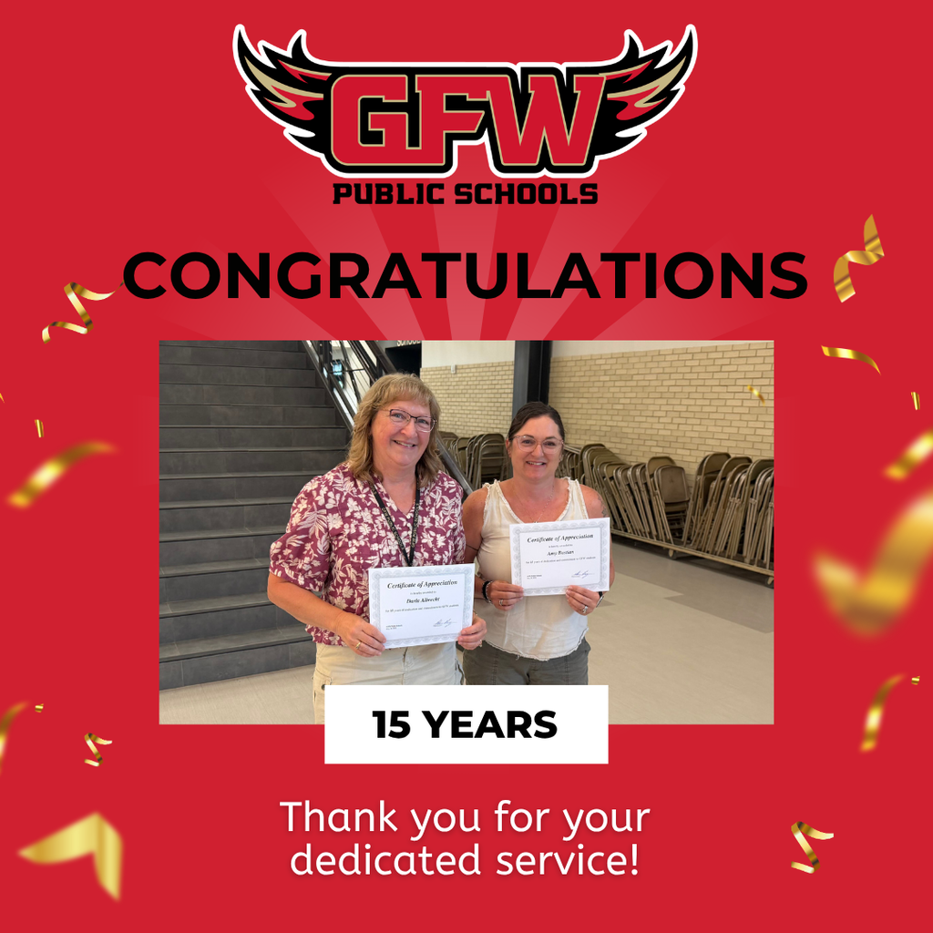 congratulations, 15 years, thank you for your dedicated service, gfw logo