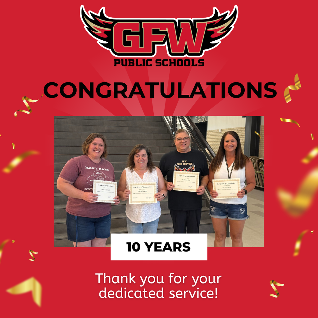 congratulations, 10 years, thank you for your dedicated service, gfw logo