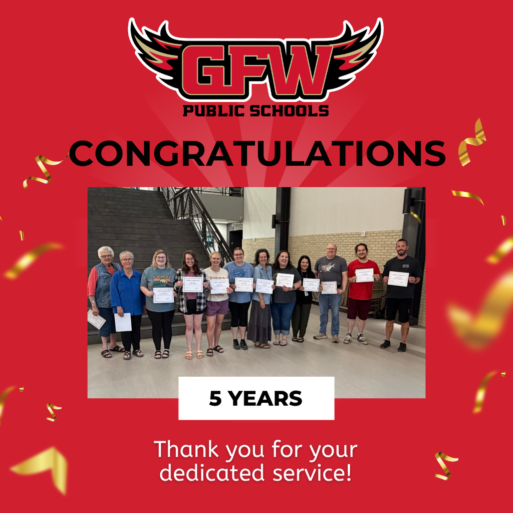 congratulations, 5 years, thank you for your dedicated service, gfw logo