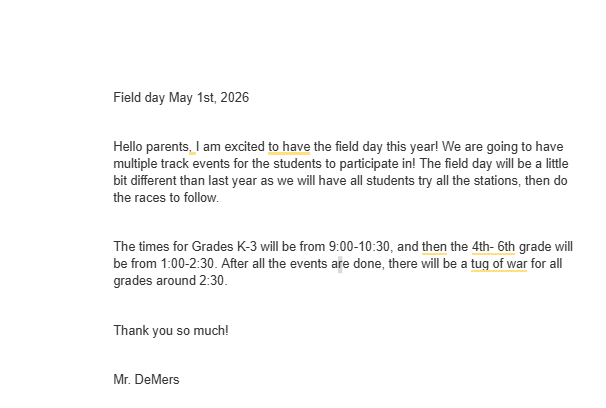Field Day May 1st Letter!