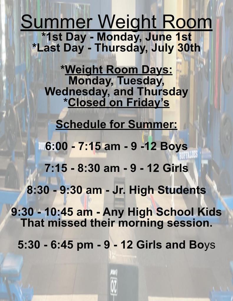 Summer Weight Room Schedule