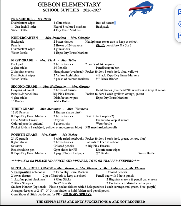 Elementary Supply List