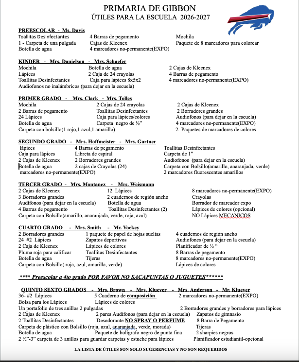 Elementary Supply List