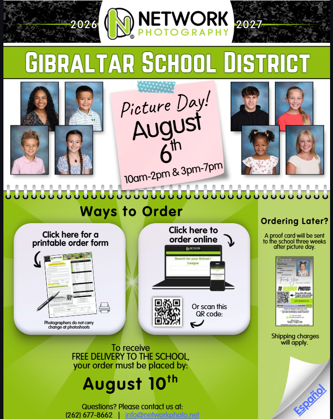 Network Photography flyer about Picture Day August 10 from 10-2 and 3-7