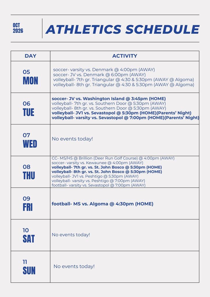 Athletic schedule for the middle and high school