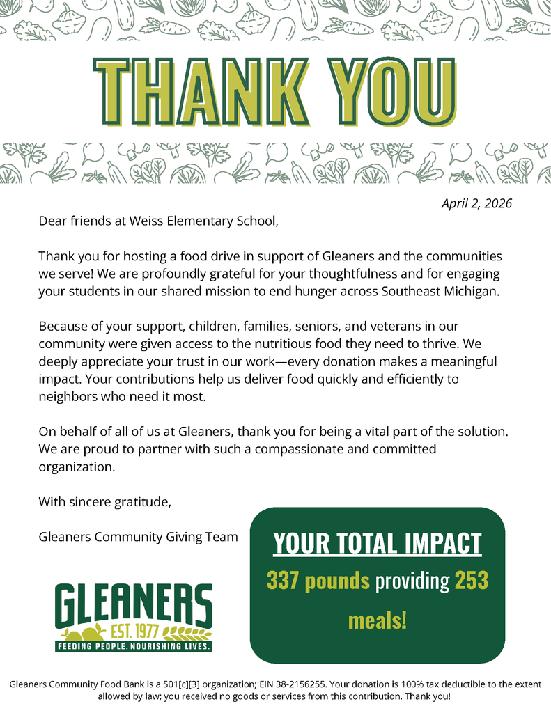 Gleaners Thank You Letter