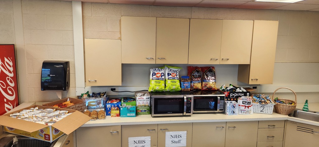 Staff lounge with snacks for teachers