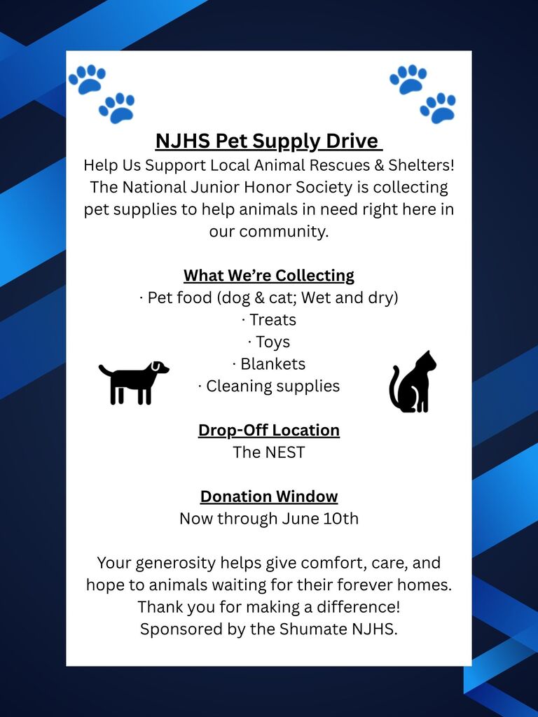 Flyer announcing the NJHS Pet Supply Drive