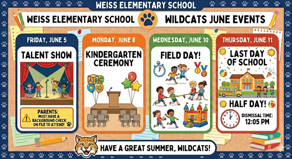 A colorful, illustrated calendar graphic titled "Weiss Elementary School Wildcats June Events." The background resembles a bulletin board with paw-print borders and school supplies. Four vertical, rounded event cards detail the upcoming schedule: Friday, June 5 – Talent Show: Features an illustration of children singing and dancing on a stage under spotlights. A prominent yellow warning box at the bottom reads: "PARENTS: MUST HAVE A BACKGROUND CHECK ON FILE TO ATTEND!" Monday, June 8 – Kindergarten Ceremony:  Features an illustration of a stage setup with a podium, chairs, and colorful star and alphabet balloons. Wednesday, June 10 – Field Day!: Features illustrations of elementary students participating in various outdoor activities, including a footrace, tug-of-war, and jumping in a bounce house. Thursday, June 11 – Last Day of School: Features an illustration of a school building, a yellow school bus, and waving children under confetti. It is marked as a "HALF DAY!" with a clock graphic pointing to the dismissal time of 12:05 PM.  At the very bottom, a cartoon wildcat mascot smiles next to a banner that reads, "HAVE A GREAT SUMMER, WILDCATS!"
