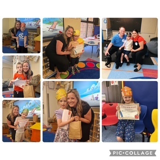 A photo collage made using Pic Collage, featuring six different photos of kindergarten students celebrating their graduation inside a classroom. Most panels feature a female teacher smiling next to an individual student who is wearing a paper crown, holding a certificate, or holding a gift bag. Two panels feature other adults celebrating with the children.