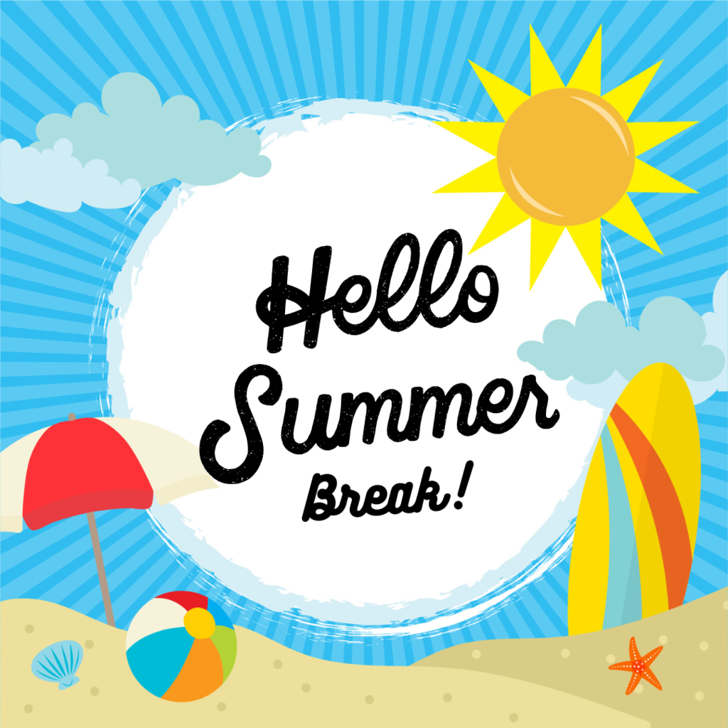 A vibrant vector illustration with a beach theme. The image features a central white circle containing the cursive text "Hello Summer Break!". Surrounding the text are a bright yellow sun, fluffy clouds, a red and white beach umbrella, a colorful beach ball, a surfboard, a seashell, and a starfish on sandy ground against a blue sunburst sky.