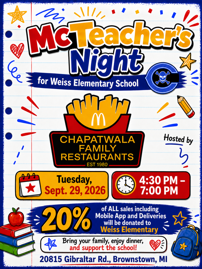 Here is a descriptive alt text for the flyer image:  Promotional flyer for McTeacher's Night supporting Weiss Elementary School, hosted by Chapatwala Family Restaurants. The event takes place on Tuesday, Sept. 29, 2026, from 4:30 PM to 7:00 PM at 20815 Gibraltar Rd., Brownstown, MI. The poster features a notebook paper background with colorful doodles of stars, pencils, apples, books, and a backpack. Main text announces that 20% of all sales—including Mobile App orders and Deliveries—will be donated to Weiss Elementary.