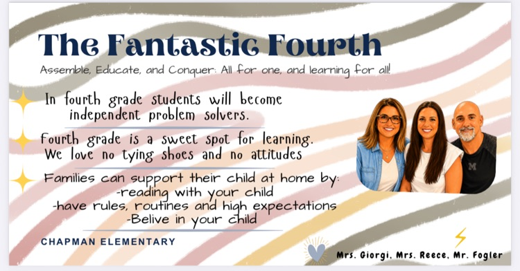 Upper Elementary and Specials teachers at Chapman Elementary are introduced in colorful teacher introduction slides, highlighting their grade levels, classroom focus, and excitement for the new school year.
