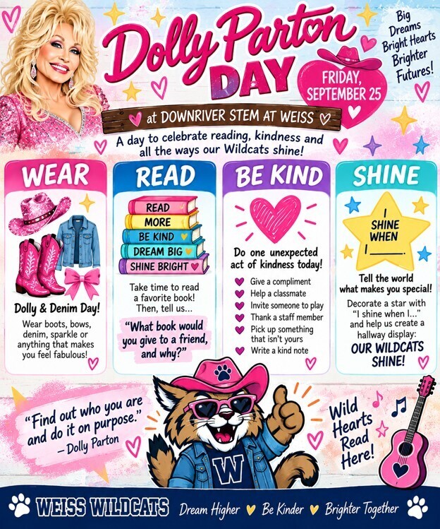 Dolly Parton Day” flyer for Downriver STEM at Weiss on Friday, September 25. The flyer features Dolly Parton, the Weiss Wildcat mascot, and a guitar, with the theme “Big Dreams, Bright Hearts, Brighter Futures!” Students are encouraged to celebrate with four activities: “Wear” for Dolly and Denim Day by wearing boots, bows, denim, or sparkly clothing; “Read” by reading a favorite book and sharing what book they would give to a friend and why; “Be Kind” by doing an unexpected act of kindness, such as giving a compliment, helping a classmate, or writing a kind note; and “Shine” by completing “I shine when I…” and decorating a star to help create a Wildcat Shine hallway display. The flyer also includes the quote, “Find out who you are and do it on purpose.” — Dolly Parton, and the Weiss Wildcats motto, “Dream Higher, Be Kinder, Brighter Together.