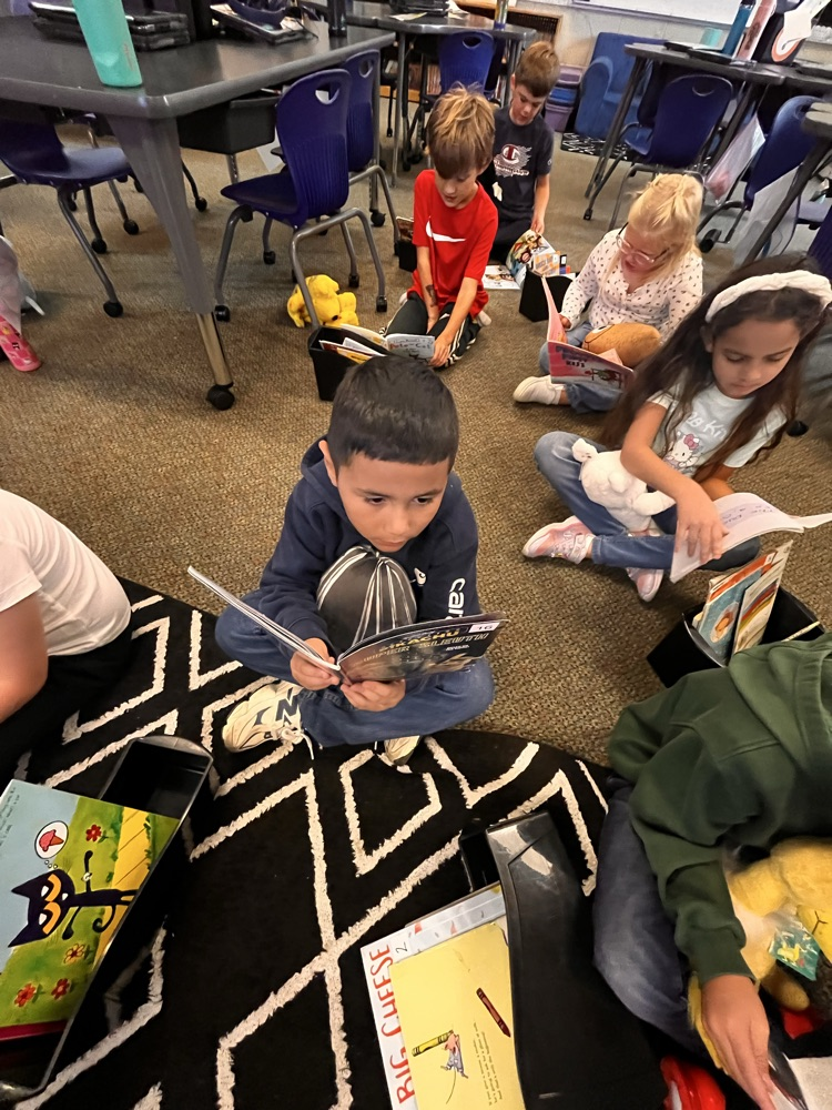 Photos show Mrs. Patrone’s 2nd grade students sitting in the classroom reading books while holding their stuffed animal buddies. Students are smiling and engaged with their books.