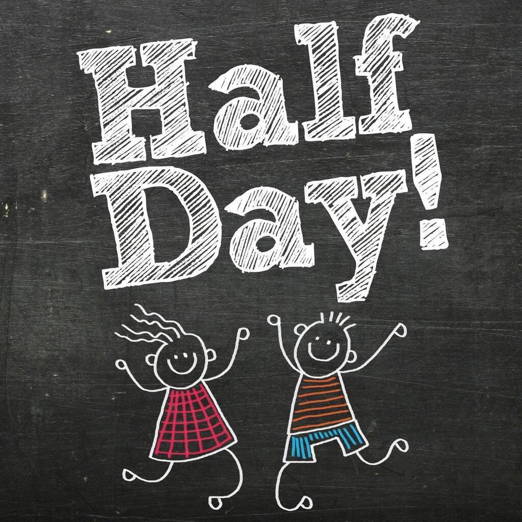 Half Day image with half day at the top and two kids smiling below the text