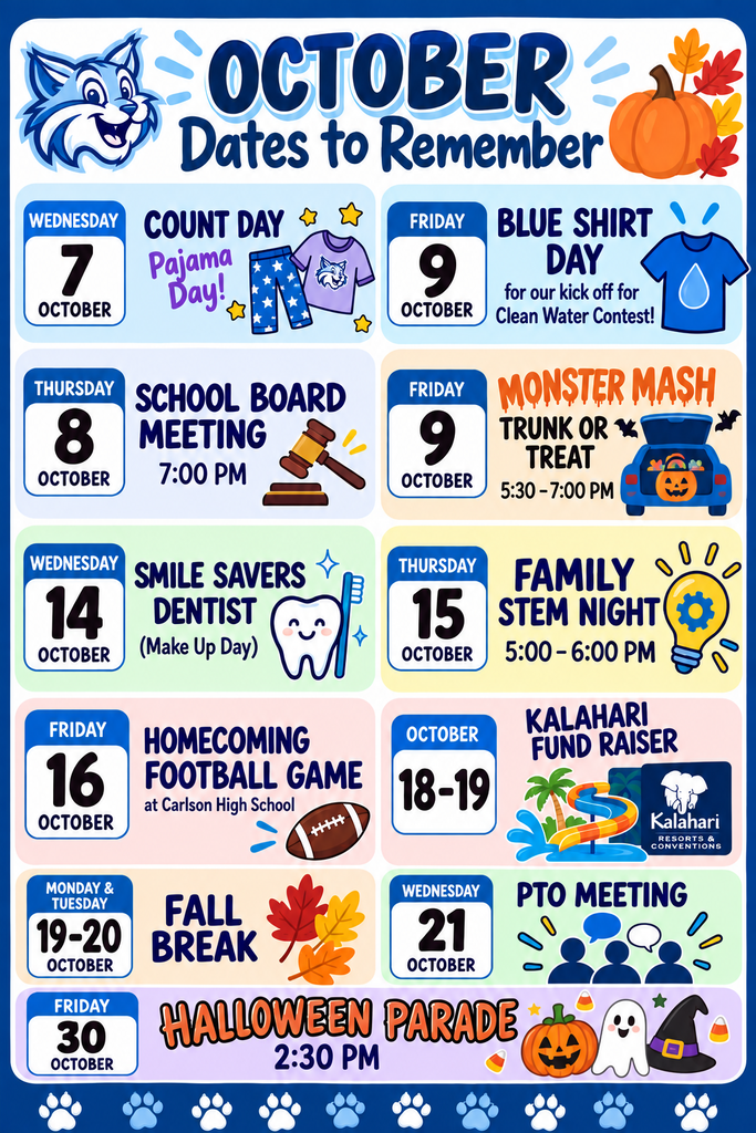 Colorful October dates calendar for Weiss Elementary with a blue Wildcat border and fall-themed decorations. It lists Count Day and Pajama Day on Wednesday, October 7; School Board Meeting on Thursday, October 8 at 7:00 PM; Blue Shirt Day and Monster Mash on Friday, October 9, with Monster Mash from 5:30–7:00 PM; Smile Savers Dentist on Wednesday, October 14; Family STEM Night on Thursday, October 15 from 5:00–6:00 PM; Homecoming Football Game on Friday, October 16 at Carlson High School; Kalahari Fundraiser October 18–19; Fall Break with no school October 19–20; PTO Meeting on Wednesday, October 21; and the Halloween Parade on Friday, October 30 at 2:30 PM.