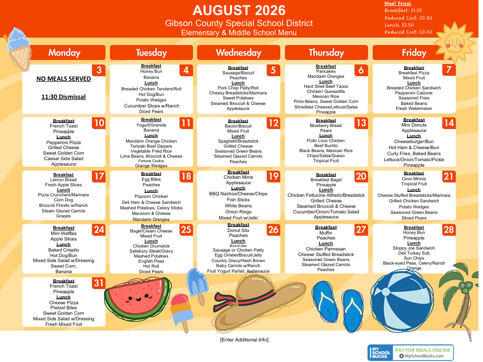 August 2026 Lunch Menu